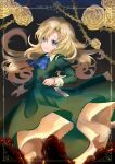  1girl ascot blonde_hair blue_ascot blue_eyes crying crying_with_eyes_open dress flower green_dress highres holding holding_knife ib kam_ata knife long_sleeves mary_(ib) solo standing tears thorns yellow_flower 
