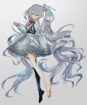  1girl 25-ji_miku 25-ji_night_code_de._(project_sekai) :| absurdly_long_hair amg_(amo10) black_thighhighs closed_mouth collared_dress commentary crossed_legs dress expressionless floating_hair frilled_dress frills from_behind from_side full_body green_eyes grey_background grey_dress grey_hair grey_theme hair_between_eyes hand_up hatsune_miku heterochromia highres long_hair long_sleeves looking_at_viewer looking_back neck_ribbon pinching_sleeves pink_eyes project_sekai red_ribbon ribbon simple_background single_bare_leg single_thighhigh sleeves_past_wrists solo symbol-only_commentary thigh-highs twintails very_long_hair vocaloid wavy_hair 