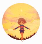  1girl bangs blue_shirt blue_shorts border bridal_veil brown_hair closed_eyes clouds cloudy_sky frisk_(undertale) leaf long_sleeves looking_at_viewer navel orange_sky outdoors outstretched_hand shirt short_hair shorts sky smile soseji_(tjduswjd) standing star_(sky) striped striped_shirt sunset tree undertale veil white_border 