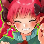  1girl animal_ears blush bow braid cat_ears claw_pose closed_eyes extra_ears fingernails grin heart kaenbyou_rin kashiwara_mana nail_polish outline pink_background pointy_ears portrait red_nails redhead simple_background smile touhou twin_braids 