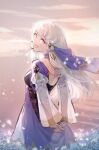  1girl backless_dress backless_outfit black_t_t blush breasts clouds commentary_request dress fire_emblem fire_emblem:_three_houses floating_hair from_behind korean_commentary long_hair long_sleeves looking_at_viewer lysithea_von_ordelia medium_breasts open_mouth orange_sky outdoors own_hands_together petals pink_eyes plant purple_dress sky smile solo twitter_username veil white_hair white_sleeves wide_sleeves 