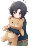  1girl absurdres antenna_hair black_hair blue_eyes blush highres holding holding_stuffed_toy idolmaster kikuchi_makoto messy_hair nnnn object_hug short_hair shorts smile solo stuffed_animal stuffed_toy teddy_bear white_background 