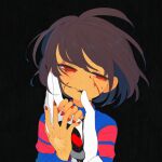  1girl bangs black_background blood blood_on_face blue_shirt brown_hair frisk_(undertale) half-closed_eyes hand_on_another&#039;s_chin hand_on_another&#039;s_hand head_tilt heart hole_on_body red_eyes red_heart red_nails shirt short_hair soseji_(tjduswjd) striped striped_shirt undertale w.d._gaster 