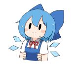  1girl 1other absurdres blue_bow blue_hair blush_stickers bow cirno dress ferdy&#039;s_lab hair_bow highres ice ice_wings short_sleeves simple_background smile solo_focus touhou white_background wings 