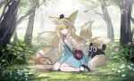  1girl animal_ears animal_on_head arknights basket black_cat blonde_hair cardigan cat cat_on_head echj forest fox_ears fox_girl fox_tail frilled_hairband frills hair_down hairband highres kitsune kneeling kyuubi long_hair luoxiaohei multiple_tails nature neck_ribbon official_alternate_costume on_head ribbon sitting suzuran_(arknights) suzuran_(spring_praise)_(arknights) tail the_legend_of_luo_xiaohei wariza yellow_cardigan yellow_eyes 