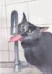  animal_focus black_cat cat colored_sclera fang faucet feet_out_of_frame full_body highres indoors junsun kitchen long_tongue looking_at_viewer no_humans original tongue tongue_out traditional_media weibo_logo weibo_username white_background yellow_sclera 