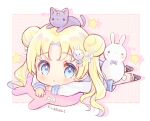  1girl :o animal_on_head artist_name bishoujo_senshi_sailor_moon black_footwear blonde_hair blue_eyes blue_sailor_collar blue_skirt blush blush_stickers border bow bunny_hair_ornament chibi commentary_request double_bun fruitsrabbit full_body hair_bun hair_ornament hairclip long_hair long_sleeves looking_at_viewer lying on_head on_stomach outside_border parted_lips pink_background purple_bow rabbit sailor_collar sailor_moon shirt skirt socks star_(symbol) stuffed_animal stuffed_toy twintails white_border white_bow white_shirt white_socks 