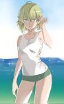  1girl beach blonde_hair blue_eyes breasts contrapposto cowboy_shot day dungeon_ni_deai_wo_motomeru_no_wa_machigatteiru_darou_ka elf gradient gradient_background hand_in_hair horizon looking_at_viewer ocean one-piece_swimsuit outdoors pointy_ears pool ryu_lion short_hair sky smile solo sparkle standing swimsuit wading water wet wet_hair white_swimsuit 