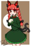  1girl :3 :d animal_ears black_bow bow braid cat_ears cat_tail dress frilled_dress frills green_dress hair_bow holding holding_skull horns kaenbyou_rin multiple_tails nekomata redhead skull smile solo tail touhou tsr2 twin_braids two_tails 
