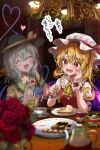  2girls ascot bangs black_headwear blonde_hair blush bow buttons cake cake_slice chandelier closed_eyes collar commentary_request cup diamond_button flandre_scarlet flower flower_pot food fork frilled_collar frilled_sleeves frills fujiwara_aoi furrowed_brow green_hair hand_on_own_face hat hat_ribbon heart heart_of_string holding holding_fork invisible komeiji_koishi long_sleeves mob_cap multiple_girls open_mouth plate puffy_short_sleeves puffy_sleeves red_bow red_eyes red_ribbon red_vest ribbon rose saucer shirt short_sleeves speech_bubble strawberry_shortcake sweatdrop table teacup teapot touhou vest white_headwear wide_sleeves wings wrist_cuffs yellow_ascot yellow_shirt 