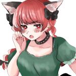  1girl animal_ears annoyed black_bow bow braid breasts cat_ears collar dress earrings extra_ears fang green_dress hair_bow highres jewelry kaenbyou_rin kashiwara_mana large_breasts nail_polish puffy_sleeves red_eyes red_nails redhead tail touhou twin_braids upper_body v-shaped_eyebrows 