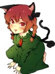  1girl :d animal_ears barefoot braid cat_ears cat_tail dress fangs from_above green_dress kaenbyou_rin lower_teeth multiple_tails nail_polish nekomata poik red_eyes redhead smile solo tail teeth touhou twin_braids v-shaped_eyebrows 