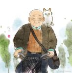  1boy animal_on_shoulder bald bicycle cat cat_on_shoulder facing_viewer feet_out_of_frame green_eyes ground_vehicle heterochromia junsun old old_man orange_sweater original painterly riding riding_bicycle simple_background smile solo sweater traditional_media tree weibo_logo weibo_username whiskers white_hair wind winter_clothes wrinkled_skin yellow_eyes 