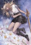  1girl black_dress black_footwear blonde_hair boots closed_mouth commentary commission constellation dress english_commentary final_fantasy final_fantasy_xv flower highres holding holding_sword holding_weapon jacket jewelry layered_dress lips long_hair looking_at_viewer lying petals pink_lips sao_(saowee) short_sleeves signature solo stella_nox_fleuret sword violet_eyes weapon white_flower white_jacket 