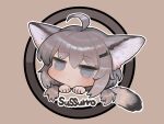  1girl ahoge animal_ears arknights bangs blush brown_background brown_hair character_name chibi closed_mouth commentary_request dokomon grey_eyes hair_ornament hairclip highres long_hair outline short_twintails sidelocks solo sussurro_(arknights) tail twintails white_outline 