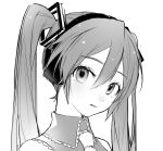  1girl amg_(amo10) collared_shirt expressionless greyscale hair_between_eyes hatsune_miku head_tilt headset highres light_blush long_hair looking_at_viewer monochrome necktie parted_lips portrait shirt simple_background sketch solo twintails vocaloid white_background wing_collar 