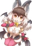  1girl animal_costume animal_ear_fluff animal_ears bat_wings bow bowtie breasts brown_eyes brown_hair brown_long-eared_bat_(kemono_friends) elbow_gloves gloves kemomimizuku kemono_friends kemono_friends_v_project large_breasts leotard long_hair looking_at_viewer microphone multicolored_hair open_mouth pantyhose scarf shoes simple_background skirt solo virtual_youtuber wings 