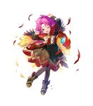  1girl alternate_costume arm_up bangs black_dress boots cape capelet child dress facial_mark fae_(fire_emblem) feather_trim female_child fire_emblem fire_emblem:_the_binding_blade fire_emblem_heroes floating floating_object forehead_mark full_body gold_trim gradient gradient_clothes green_eyes highres long_sleeves looking_away non-web_source official_art one_eye_closed open_mouth pantyhose parted_bangs pointy_ears satoupote shiny shiny_hair short_dress short_hair stone torn_cape torn_clothes torn_sleeves transparent_background 
