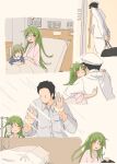  1boy 2girls absurdres admiral_(kancolle) ahoge bed commentary crescent crescent_hair_ornament family father_and_daughter green_eyes green_hair grey_shirt hair_ornament hat highres hospital_bed hug husband_and_wife jacket kantai_collection long_hair long_sleeves military military_hat military_uniform mother_and_daughter multiple_girls nagatsuki_(kancolle) po0000000000 shirt short_hair uniform white_jacket 