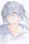 1boy bangs bishounen blue_eyes collarbone commentary final_fantasy final_fantasy_xiv floating_hair grey_hair hair_between_eyes highres looking_afar looking_up male_focus na_unoaida portrait short_hair simple_background sketch smile solo themis_(ff14) white_background 