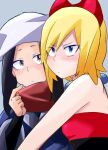 2girls akari_(pokemon) black_hair blonde_hair blue_eyes closed_mouth commentary_request grey_background grey_eyes head_scarf highres irida_(pokemon) jewelry long_hair looking_at_another looking_at_viewer medium_hair multiple_girls neck_ring pokemon pokemon_(game) pokemon_legends:_arceus red_scarf red_shirt rui_(hershe) scarf scratching_cheek shirt sweat upper_body v-shaped_eyebrows white_headwear yuri 