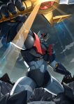  clouds cloudy_sky gamiani_zero highres lightning looking_at_viewer mazinger_(series) mazinkaiser mazinkaiser_(robot) mecha mountain no_humans open_hand robot science_fiction shiny sky solo super_robot yellow_eyes 