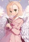  1girl amapan_0 angel_wings blonde_hair clouds cloudy_sky copyright_request dress feathered_wings flower halo highres holding holding_flower pink_dress pink_flower short_hair sky solo white_wings wings yellow_eyes 