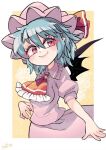 1girl ascot bat_wings blue_hair brooch carte dress fang hat jewelry looking_at_viewer mob_cap pink_dress pointy_ears remilia_scarlet short_sleeves smile solo touhou wings 