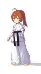  1girl ahoge bangs barefoot belt black_belt blush closed_mouth dougi gloves highres karate karate_gi kuma-bound long_hair looking_at_viewer orange_hair original ponytail short_sleeves sidelocks simple_background solo toes white_background white_gloves yellow_eyes 