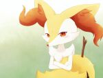 1girl animal_ear_fluff animal_ears animal_nose blush body_fur braixen closed_mouth commentary_request crossed_arms flat_chest fox_ears fox_girl fox_tail fur_collar furry furry_female gradient gradient_background green_background kemonobito looking_at_viewer pokemon pokemon_(creature) red_eyes sideways_mouth simple_background snout solo stick tail two-tone_fur white_fur yellow_fur 