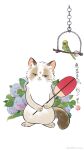  :3 absurdres animal_focus bird blue_eyes blue_flower cat chinese_text facial_mark flower forehead_mark full_body half-closed_eyes hand_fan highres holding holding_fan junsun looking_at_viewer no_humans original parrot purple_flower smile standing traditional_media translation_request weibo_logo weibo_username whiskers white_background 