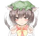  1girl animal_ears brown_eyes cat_ears cat_girl cat_tail chen earrings green_headwear hat jewelry light_smile mob_cap multiple_tails nanana_(chicken_union) nekomata paw_pose single_earring solo tail touhou two_tails 