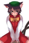  1girl animal_ears bow bowtie brown_hair cat_ears cat_tail chen earrings hat highres jewelry kashiwara_mana long_sleeves looking_to_the_side multiple_tails short_hair single_earring sitting solo tail touhou wariza 