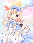  &gt;_&lt; 1girl :d alice_(alice_in_wonderland) alice_in_wonderland animal apron balloon bangs black_headwear blonde_hair blue_bow blue_dress blue_eyes blush bow closed_eyes club_(shape) commentary_request confetti diamond_(shape) dress frilled_apron frills hair_between_eyes hair_bow hat heart heart_balloon highres holding holding_balloon long_hair looking_at_viewer mini_hat mini_top_hat nanase_miori pocket_watch puffy_short_sleeves puffy_sleeves rabbit short_sleeves smile spade_(shape) tilted_headwear top_hat transparent very_long_hair watch white_apron white_rabbit_(alice_in_wonderland) wrist_cuffs xd 