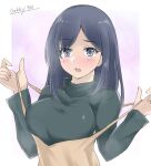  1girl black_sweater blue_eyes blue_hair breasts brown_dress commentary_request dress gakky hair_down kantai_collection large_breasts long_hair official_alternate_costume official_alternate_hairstyle one-hour_drawing_challenge solo souryuu_(kancolle) sweater upper_body 