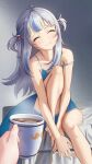  1girl absurdres bare_arms bare_legs barefoot bed bed_sheet blue_camisole blue_shorts camisole closed_eyes coffee coffee_mug collarbone cup flat_chest gawr_gura gradient gradient_background highres hololive hololive_english jedd_(jeddisorange) knee_up light_blush long_hair mug multicolored_hair mustache_print on_bed pov short_shorts shorts sitting smile strap_slip streaked_hair twintails virtual_youtuber watson_amelia white_hair 