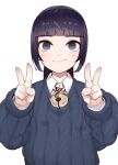  1girl aioi_u bangs bell blue_eyes blue_sweater blunt_bangs closed_mouth collared_shirt double_v fingernails hands_up jingle_bell long_hair long_sleeves looking_at_viewer monogatari_(series) purple_hair senjougahara_hitagi shirt simple_background smile solo sweater upper_body v white_background white_shirt 