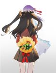  2girls amiably_02 back black_hair black_skirt bouquet commentary_request cowboy_shot dress fate/hollow_ataraxia fate/stay_night fate_(series) flower gradient gradient_background hair_ribbon highres holding holding_bouquet holding_flower long_hair long_sleeves matou_sakura multiple_girls pleated_skirt purple_hair red_ribbon red_sweater ribbon siblings sisters skirt sweater tohsaka_rin two_side_up white_dress 