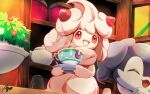 :d alcremie alcremie_(strawberry_sweet) ayo_(ayosanri009) commentary_request cup food fruit holding holding_saucer indeedee indoors looking_to_the_side no_humans open_mouth pokemon pokemon_(creature) red_eyes saucer shelf signature sinistea smile steam strawberry teacup teapot 