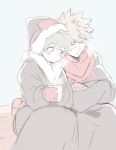  2boys bakugou_katsuki black_coat black_headwear blonde_hair blush boku_no_hero_academia closed_eyes closed_mouth coat commentary crossed_arms cup freckles fur-trimmed_headwear green_eyes green_hair grey_background hat highres holding holding_cup leaning_on_person long_sleeves looking_at_another midoriya_izuku multiple_boys nugunasutu official_alternate_costume open_mouth red_scarf scarf short_hair simple_background sitting smile spiky_hair steam 
