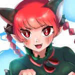  1girl :3 :d animal_ears black_bow bow braid cat_ears cat_tail dress extra_ears fang green_dress hair_bow kaenbyou_rin kashiwara_mana multiple_tails paw_pose pointy_ears red_eyes redhead smile solo tail touhou twin_braids 