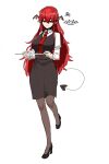  1girl bobby36446329 demon_tail high_heels highres koakuma long_hair long_sleeves looking_at_viewer necktie pantyhose pencil_skirt red_eyes redhead shirt skirt solo standing standing_on_one_leg tail touhou vest 