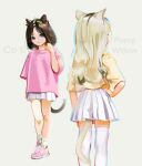  2girls animal_ear_fluff animal_ears artist_name artist_self-insert blue_eyes brown_hair cat_ears cat_girl cat_tail character_name child co_ti_coffee_and_pussy_willow female_child from_below grey_background hair_ornament hairclip hand_on_hip highres miniskirt multiple_girls original pink_footwear pink_shirt pleated_skirt shirt shoes short_hair short_sleeves simple_background skirt smile socks t-shirt tail thigh-highs white_skirt white_socks white_thighhighs yellow_shirt 