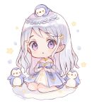  1girl :o bangs bare_shoulders bird blue_dress blush chibi commentary_request detached_sleeves dress fruitsrabbit grey_hair long_hair looking_at_viewer own_hands_together parted_lips penguin sidelocks sitting very_long_hair violet_eyes wariza 