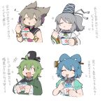  4girls akikaze_cp aqua_dress black_headwear blue_hair blue_headwear bracelet closed_eyes closed_mouth dress earmuffs eighth_note fang food green_dress green_hair grey_hair hair_ornament hair_rings hair_stick hat holding holding_spoon japanese_clothes jewelry kaku_seiga kariginu light_brown_hair long_hair long_sleeves mononobe_no_futo multiple_girls musical_note open_mouth pointy_hair ponytail shaved_ice shirt short_hair short_sleeves simple_background sleeveless sleeveless_shirt smile soga_no_tojiko sparkle spoon tate_eboshi tongue tongue_out touhou toyosatomimi_no_miko translation_request white_background wide_sleeves 