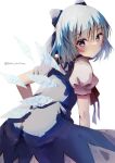  1girl blue_bow blue_dress blue_eyes blue_hair bow cirno dress from_behind hair_bow highres ice ice_wings looking_at_viewer looking_back natsume_suzuri short_hair short_sleeves simple_background solo touhou twitter_username white_background wings 