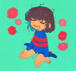  1girl aqua_background bangs blue_footwear blue_shirt blue_shorts boots brown_hair closed_eyes crying frisk_(undertale) long_sleeves m_legs open_mouth runny_nose shirt short_hair shorts simple_background sitting snot soseji_(tjduswjd) speech_bubble striped striped_shirt undertale 