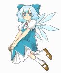  1girl blue_dress blue_eyes blue_hair breasts brown_footwear cirno collared_shirt dress highres ice ice_wings long_dress neck_ribbon pinafore_dress puffy_short_sleeves puffy_sleeves red_ribbon ribbon shirt short_hair short_sleeves simple_background skullchimes small_breasts socks solo touhou white_background white_shirt wings 