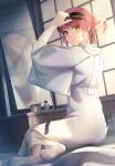  1girl absurdres barefoot blush brushing_hair closed_mouth commentary english_commentary hair_brush highres holding holding_hair_brush indoors japanese_clothes kimono kohaku_(tsukihime) looking_at_viewer mirror mkr_(wepn3428) orange_eyes redhead reflection short_hair sitting solo toes tsukihime white_kimono wide_sleeves 