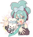  1girl 1other :3 :d aqua_bow aqua_eyes aqua_hair aqua_necktie bangs bare_shoulders blue_bow blush bow cinnamiku cinnamoroll clip commentary creature crossover cup detached_sleeves ear_bow eyelashes hair_between_eyes hair_bow hair_bun hatsune_miku heart highres homa_corn looking_at_viewer mug musical_note necktie open_mouth outstretched_arm outstretched_hand pink_bow sanrio shirt simple_background single_hair_bun sleeveless sleeveless_shirt smile tied_ears touhou twintails updo upper_body vocaloid waving white_background wide_sleeves 